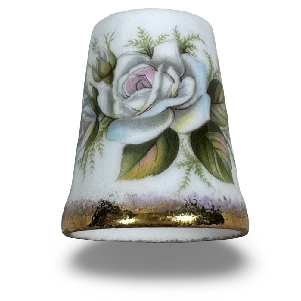 Golden Crown England Fine Bone China White Rose Floral Thimble Gold Rim 1 Inch
